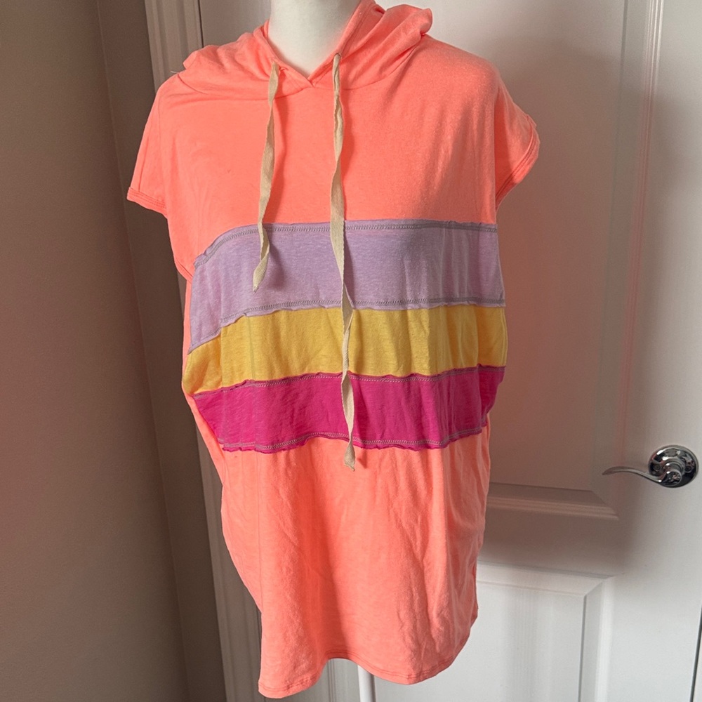 BiBi Neon Coral Hooded Sleeveless Top with Lavender, Yellow, and Fuchsia Stripes